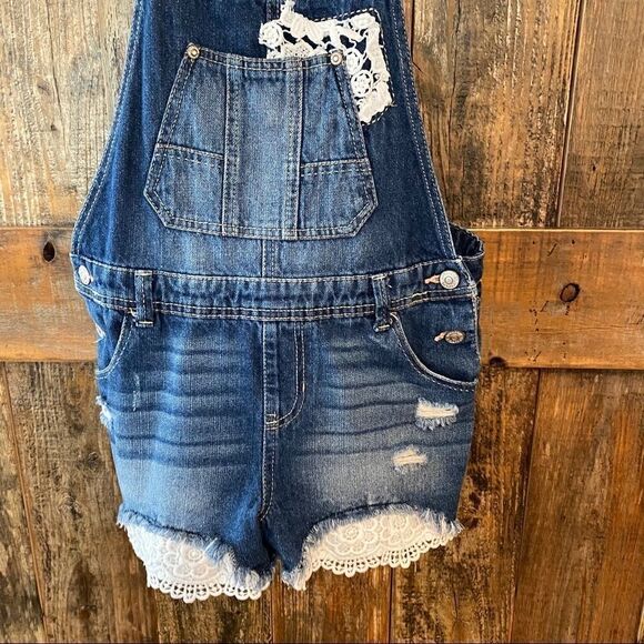Jordache Girls Size XL 14-16 Blue Denim Lace Accents Bib Shorts Overalls - Picture 6 of 9